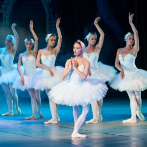 Elegant ballerinas performing Swan Lake ballet on stage in classic tutus.